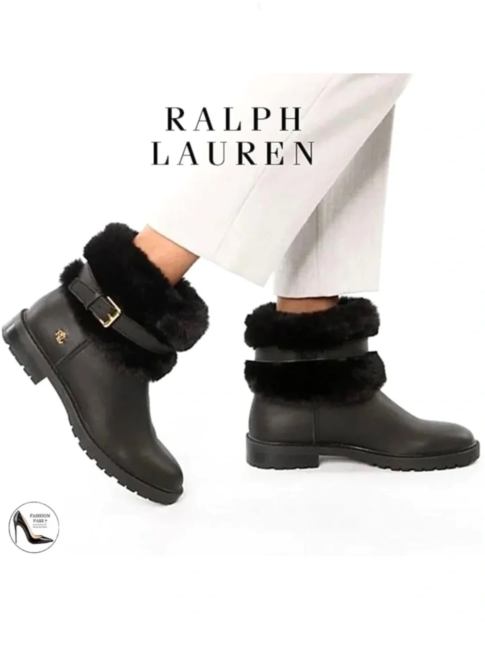 Ralph Lauren Evanston Waterproof Black Leather Winter Warm Fur Moto Boots 7